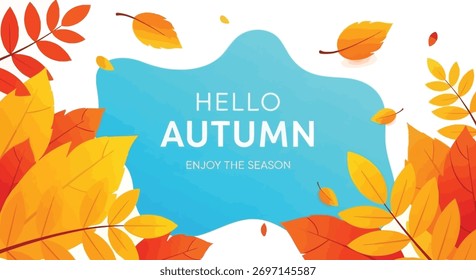 A visually appealing autumn-themed image featuring colorful leaves and a central blue shape with the words 'Hello Autumn'.