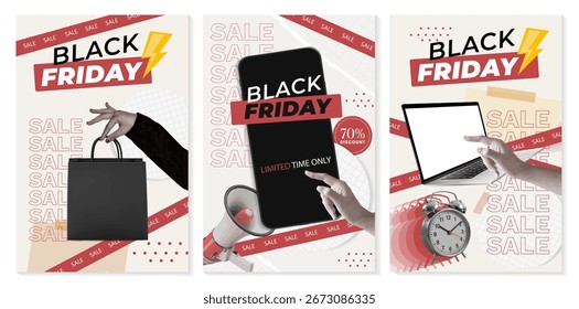 Eine visuell ansprechende Black Friday Werbekollage, die Smartphones, Laptops und Einkaufstaschen zusammenbringt, um Verkaufsaufregung zu vermitteln.