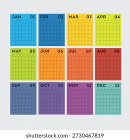 A visually appealing calendar featuring twelve months in a grid layout, each with a unique and vibrant color. The calendar is perfect for planning and organizing your schedule, with ample space to write down dates, appointments, and notes. The colorful design makes it a great addition to any office or home decor.