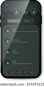 A visually appealing chat interface featuring a dark teal theme with organized user profiles and navigation tabs