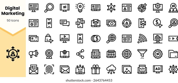 A visually appealing collection of 50 digital marketing icons in a minimalistic design, featuring elements like graphs, emails, and analytics for effective communication.