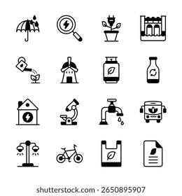 Visually appealing collection of sustainability and energy sources glyph icons