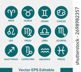 A visually appealing collection of twelve zodiac sign icons in teal, each paired with its name, perfect for digital and print astrological resources.