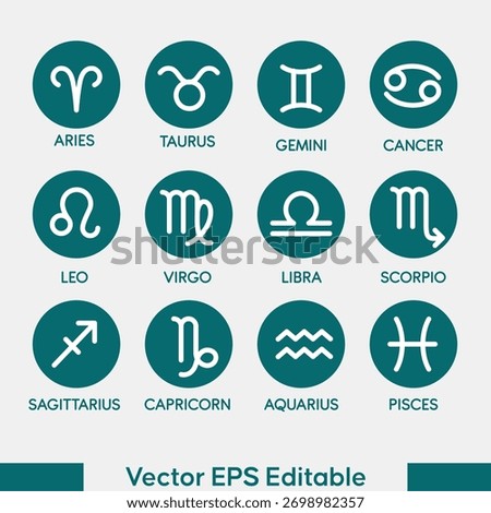 A visually appealing collection of twelve zodiac sign icons in teal, each paired with its name, perfect for digital and print astrological resources.