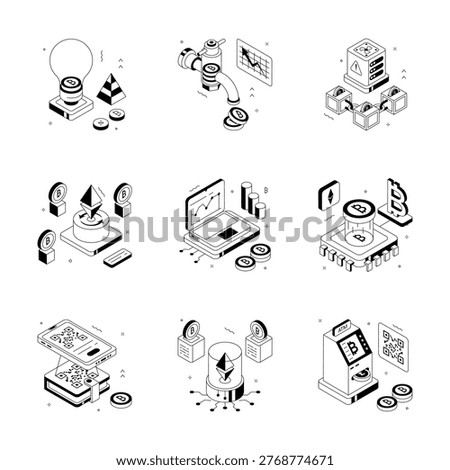 A visually appealing cryptocurrency and blockchain isometric illustrations set
