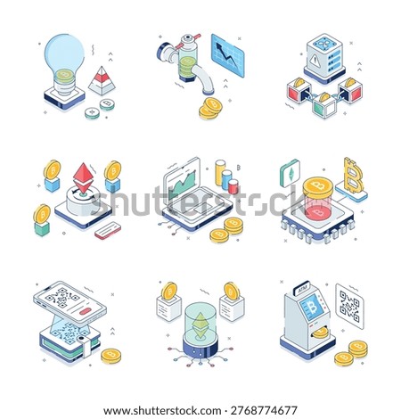A visually appealing cryptocurrency and blockchain isometric illustrations set