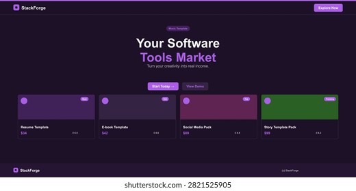 A visually appealing digital marketplace showcasing a variety of software tools and templates. Includes options like resume, ebook, social media, and story templates for creators to monetize their work.