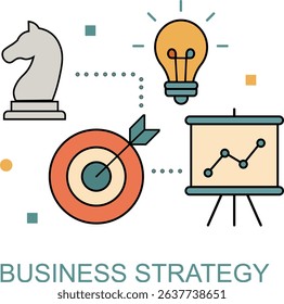 A visually appealing flat-style vector design representing business strategy through minimal iconography like money bag, magnifying glass, target, chart. Great for posters, presentations, and business
