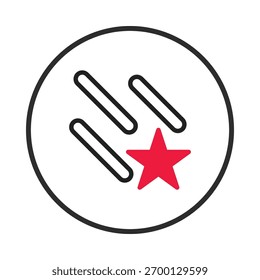 A visually appealing graphic featuring three stylized diagonal lines paired with a vibrant red star, all contained within a solid black circular border. The design presents a modern and abstract