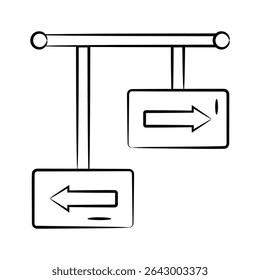 Visually appealing hand drawn icon showing hanging direction board