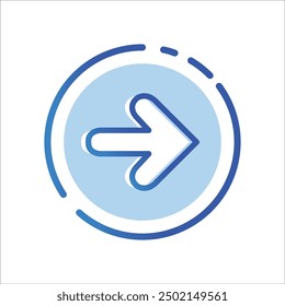 A visually appealing icon featuring a stylized rightward-pointing arrow within a dual-tone blue circle, ideal for indicating forward motion or next steps in digital applications