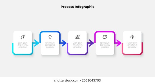 A visually appealing infographic depicting a five step process with icons and arrows. Useful for illustrating workflows, processes, or timelines in presentations or educational materials