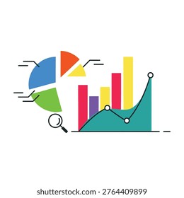 A visually appealing infographic showcasing various charts and graphs, including a pie chart, bar graph, and line graph, accompanied by a magnifying glass, symbolizing investigation and research in business and finance.