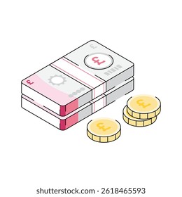 Visually appealing isometric icon showing pound banknotes with coins