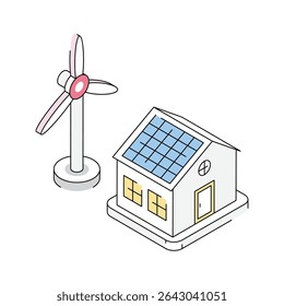 A visually appealing isometric icon of solar house with windmill