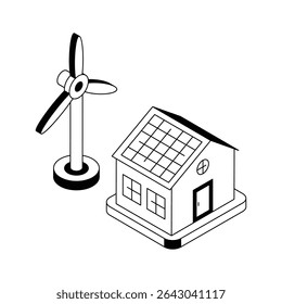 A visually appealing isometric icon of solar house with windmill