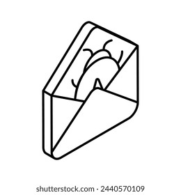 Visually appealing isometric icon of spam mail, bug inside envelope