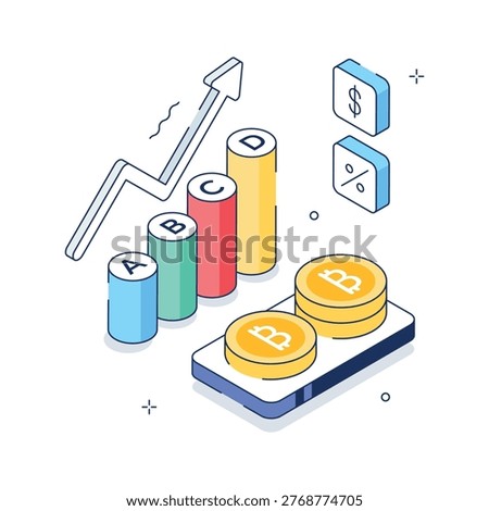 Visually appealing isometric illustration of bitcoin profit