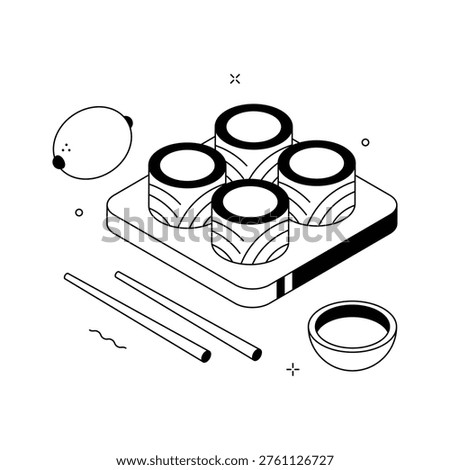 A visually appealing isometric illustration of sushi food set