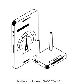 Visually appealing isometric outline icon of internet speed testing