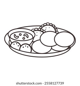 A visually appealing line art illustration of a traditional Indian thali, a platter showcasing a variety of Indian dishes