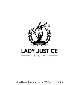 Um design de logotipo visualmente atraente apresentando Lady Justice, simbolizando a lei e a justiça. Ideal para escritórios de advocacia e profissionais jurídicos