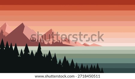 A visually appealing minimalist vector illustration of a tranquil mountain and forest landscape during sunset or twilight. This flat design features deep red and orange horizontal stripes in the sky, sharp geometric mountains, and a dark pine tree silhouette across a subtle teal green-gray lake. Excellent for web headers, posters, travel themes, or digital backgrounds.