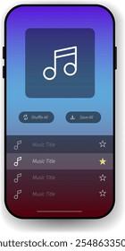 A visually appealing music player interface featuring a gradient background, music note icon, playlist display, and functional buttons like shuffle and save.