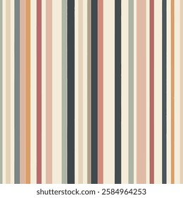 A visually appealing pattern featuring vertical stripes in various colors, including muted tones of beige, green, orange, and dark hues. 