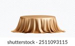 A visually appealing round table draped with a luxurious gold silk fabric, creating a smooth and elegant appearance. Elegant Round Table with Gold Silk Cover vector illustration