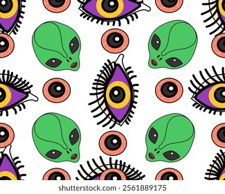 A visually appealing seamless pattern featuring a variety of aliens alongside intriguing purple eyes, all set against a crisp white background