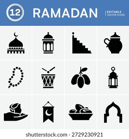 A visually appealing set of 12 distinct black Ramadan-themed icons presented in a grid format on a white background.