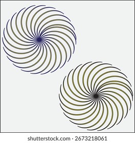 A visually captivating abstract illustration featuring two spiral geometric patterns composed of curved gradient lines. The design blends shades of blue, yellow, and black.