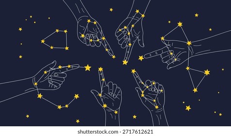 Una ilustración visualmente cautivadora con manos conectadas por estrellas formando constelaciones, colocadas contra un cielo oscuro. Las manos apuntan hacia estrellas brillantes, creando una sensación de maravilla cósmica y