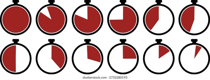 Eine visuell übersichtliche Illustration von zwölf roten und schwarzen Stoppuhrsymbolen, die den Zeitablauf oder die Dauer zeigen. Nützlich für Zeitgeber und Fortschrittsindikatoren.