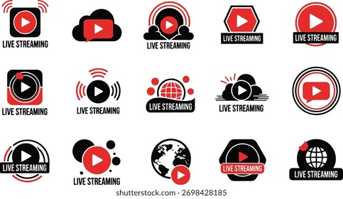 Uma coleção visualmente diversificada exibe vários ícones estilizados e logotipos que representam o conceito de transmissão ao vivo. 