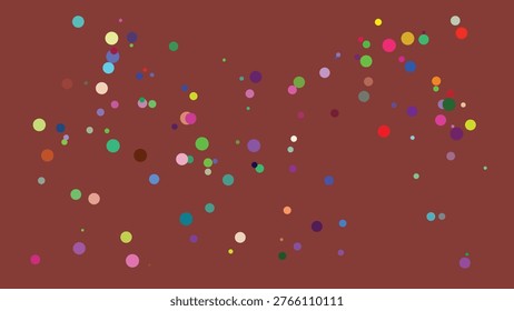 A visually dynamic arrangement of multicolored circular dots dispersed across a rich, deep maroon backdrop. The dots vary in size and hue, creating a lively and abstract visual effect with a sense of.