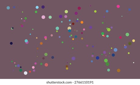 A visually dynamic arrangement of multicolored circular dots varying in size and hue, scattered across a deep maroon backdrop. The composition creates a lively and abstract visual effect with no.