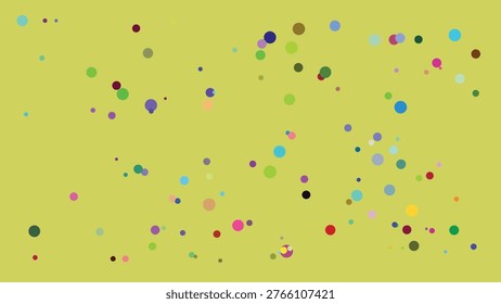 A visually dynamic arrangement of multicolored dots scattered randomly across a solid yellow backdrop. The dots vary in size and hue, creating a lively and abstract visual effect with a sense of.