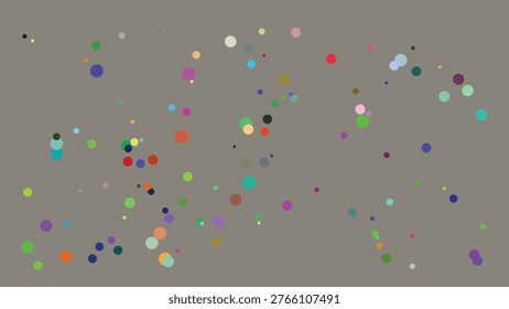 A visually dynamic arrangement of multicolored dots of varying sizes scattered across a muted gray backdrop, creating a lively and abstract visual effect. The dots feature a wide spectrum of hues.