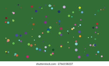 A visually dynamic composition featuring a random distribution of small, brightly colored circles across a solid green backdrop. The circles vary in hue, including shades of blue, red, yellow,.