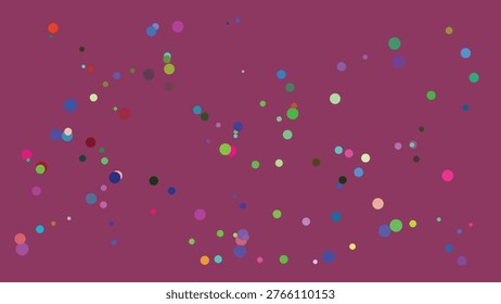 A visually dynamic digital art piece featuring an array of multicolored dots scattered randomly across a deep magenta backdrop. The dots vary in size and hue, creating a lively and abstract visual.