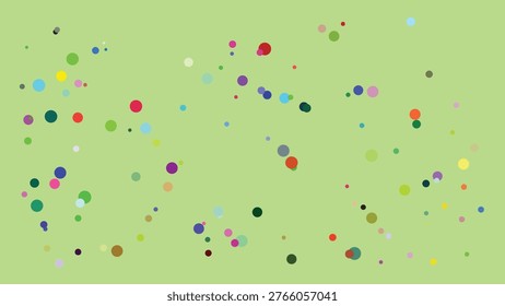 A visually engaging abstract composition featuring an array of multicolored dots scattered across a light green backdrop. The dots vary in size and hue, creating a lively and dynamic visual effect.