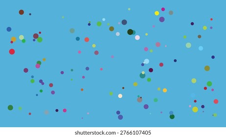 A visually engaging abstract composition featuring a random distribution of multicolored dots in varying sizes against a solid blue backdrop. The dots exhibit a spectrum of bright and muted hues,.