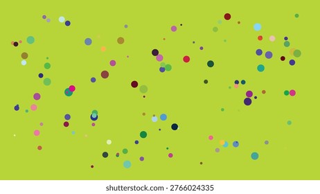 A visually engaging abstract composition with numerous multicolored dots of varying sizes dispersed across a bright lime green backdrop. The dots exhibit a spectrum of colors including pink, blue,.
