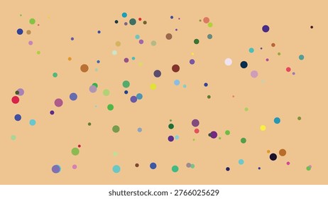 A visually engaging abstract design featuring a random distribution of multicolored dots in varying sizes across a light beige backdrop. The dots exhibit a wide spectrum of colors, contributing to a.