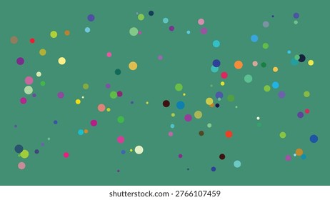 A visually engaging abstract design featuring a random distribution of multicolored circular dots in varying sizes against a solid green backdrop. The composition conveys a sense of dynamic energy.