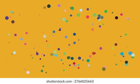 A visually engaging abstract digital composition featuring an array of multicolored dots scattered across an orange backdrop. The dots vary in size and hue, creating a lively and dynamic visual.