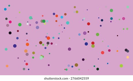 A visually engaging abstract illustration featuring a scattered arrangement of multicolored dots in varying sizes against a soft lavender backdrop. The vibrant colors create a dynamic and lively.
