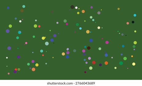 A visually engaging abstract illustration featuring a random distribution of multicolored dots in varying sizes against a solid dark green backdrop. The composition creates a lively and dynamic.